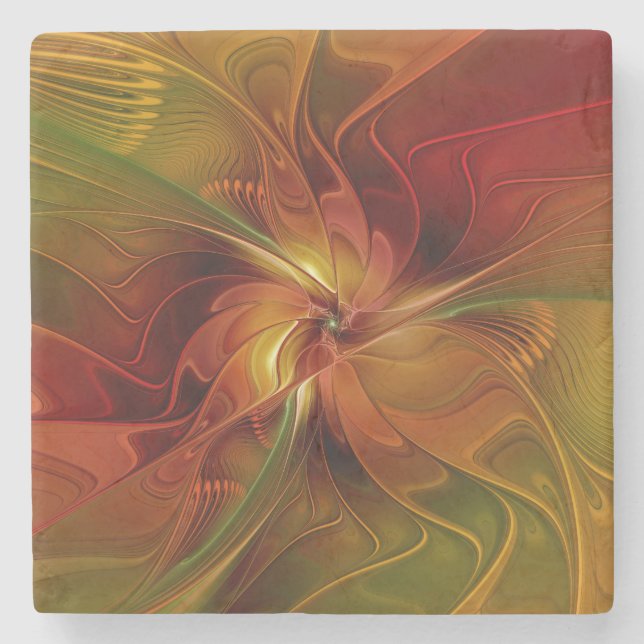 Dessous-de-verre En Pierre Abstrait Rouge Orange Brown Vert Fractal Art Flowe (Devant)