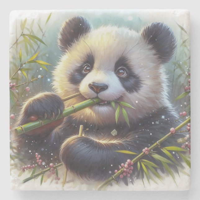 Dessous-de-verre En Pierre Adorable Ours De Panda Mangeant Bambou (Devant)