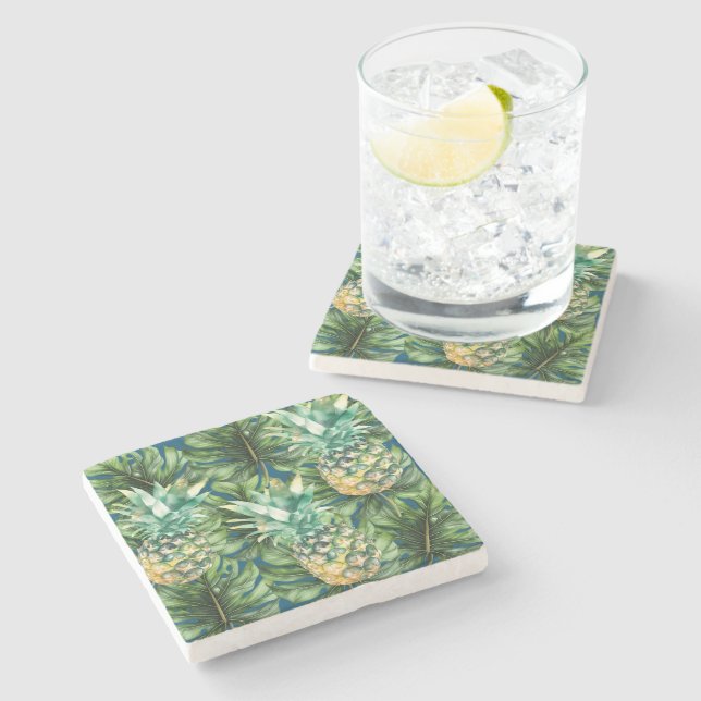 Dessous-de-verre En Pierre Aiguilles Feuilles tropicales bleues (Côté)