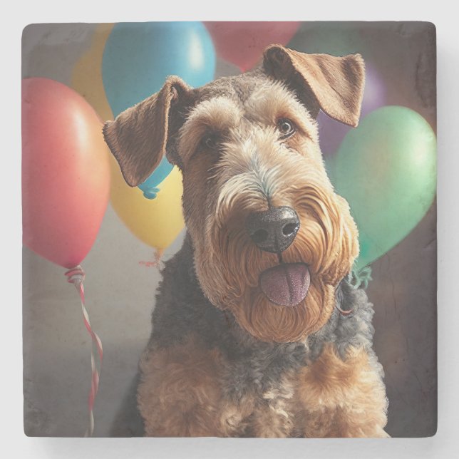 Dessous-de-verre En Pierre Airedale chien avec gâteau et ballons (Devant)