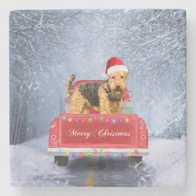 Dessous-de-verre En Pierre Airedale Terrier Chien en Neige assis à Noël (Devant)