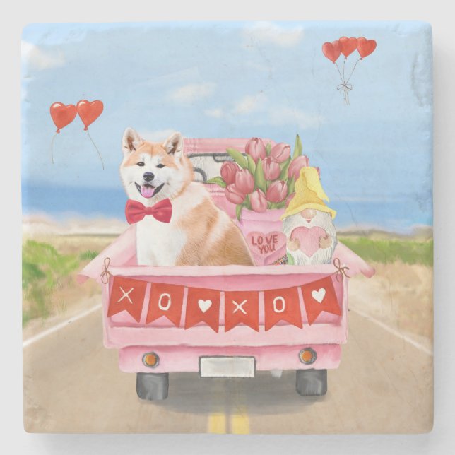 Dessous-de-verre En Pierre Akita Chien Saint Valentin Coeurs de Camion (Devant)