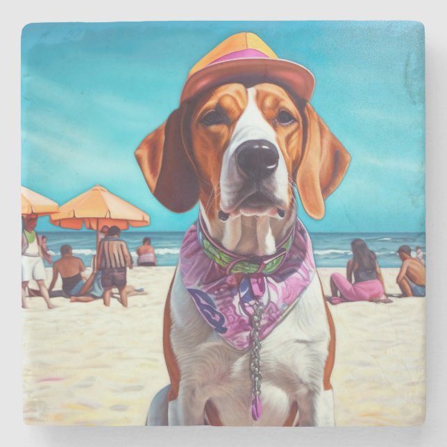 Dessous-de-verre En Pierre American English Foxhound on Beach, cadeau d'été (Devant)