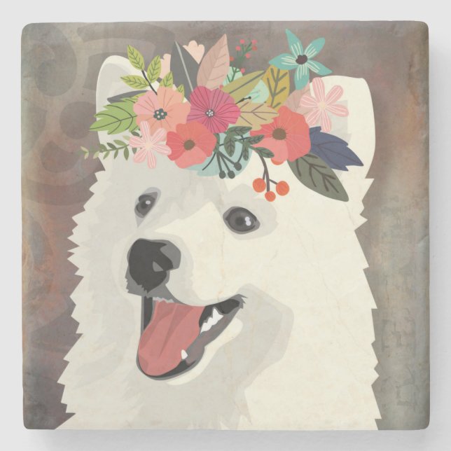 Dessous-de-verre En Pierre American Eskimo Chien race Flower Crown (Devant)