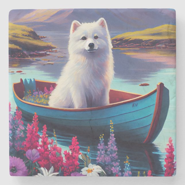 Dessous-de-verre En Pierre American Eskimo Dog on Paddle : Une aventure Pitto (Devant)