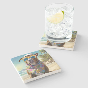 Dessous-de-verre En Pierre American Staffordshire sur la plage, cadeau d'été
