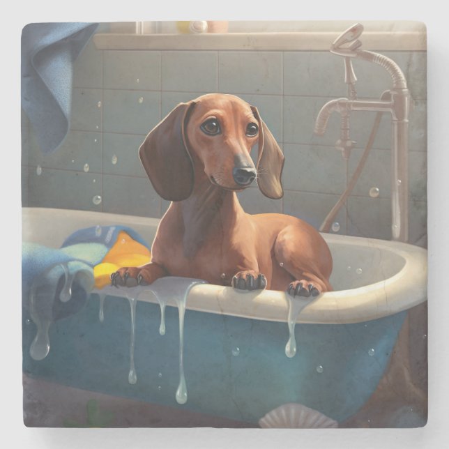 Dessous-de-verre En Pierre Amusement du dachshund au bain  (Devant)