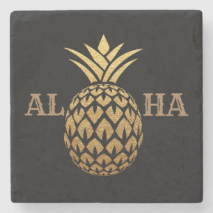 Dessous-de-verre En Pierre Ananas doré élégant Aloha noir tropical Hawaï