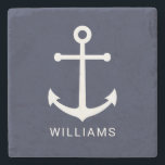 Dessous-de-verre En Pierre Ancre blanche marine et nom personnalisé sur bleu<br><div class="desc">Dessous de verre minimaliste moderne en marbre marine avec ancre blanche et nom personnalisé en blanc moderne sans serif style police sur arrière - plan bleu marine.
Parfait pour lui,  décoration de maison de plage et plus encore.</div>