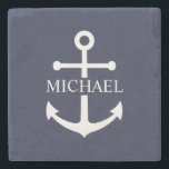 Dessous-de-verre En Pierre Ancre bleue marine Nom personnalisé<br><div class="desc">Ce cadeau personnalisé présente un design d'ancre blanche avec un nom personnalisé dans une police serif blanche classique sur arrière - plan bleu marine. Une idée de cadeau nautique réfléchie pour la décoration de la maison de plage, cadeau de la fête des pères pour papa, cadeau de remerciement pour les...</div>