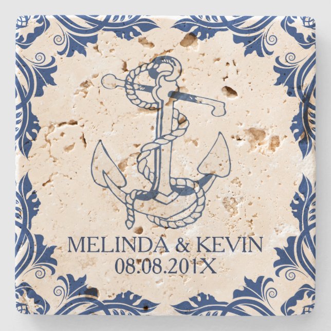 Dessous-de-verre En Pierre Ancre marine bleue et cadre floral bleu (Devant)