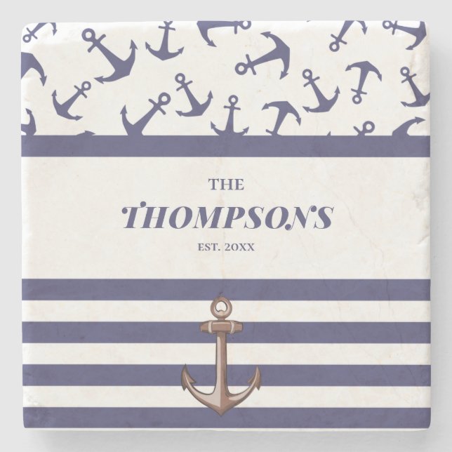 Dessous-de-verre En Pierre Ancre nautique Motif Marine Stripes Nom de famille (Devant)