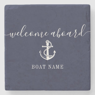 Dessous-de-verre En Pierre Ancre nautique Nom du bateau Marine Blue Welcome A
