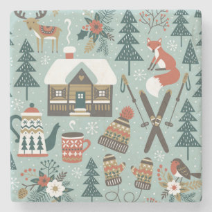 Dessous-de-verre En Pierre Animaux forestiers : Hiver Vintage sans couture.