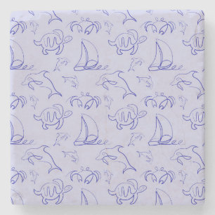 Dessous-de-verre En Pierre Animaux marins et voilier motif de dessin à une li