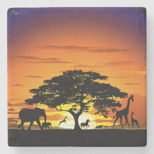 Dessous-de-verre En Pierre Animaux sauvages sur le coucher de soleil de la sa