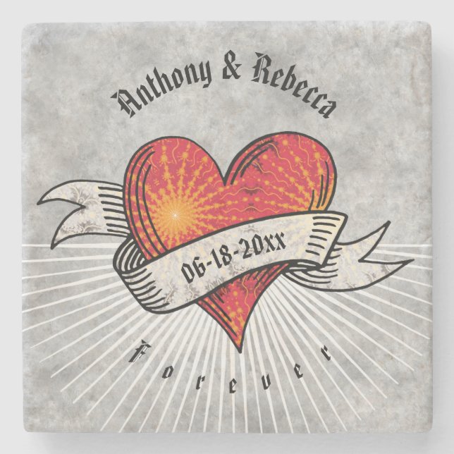 Dessous-de-verre En Pierre Anniversaire du Mariage fractal du coeur rouge mod (Devant)