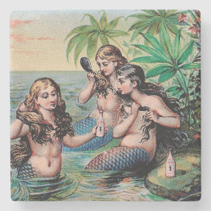 Dessous-de-verre En Pierre Antique Victoriens Sirènes Trésor Navire Vintage
