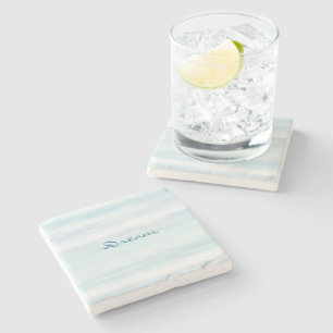 Dessous-de-verre En Pierre Aqua Bleu Menthe Blanc Rayures Aquarelle Ombré
