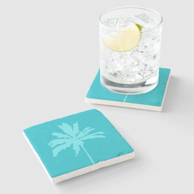 Dessous-de-verre En Pierre Aqua Blue Moderne Tropical Palm Tree Summer Home (Côté)