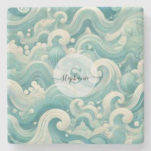 Dessous-de-verre En Pierre Aqua Blue & White Wave Abstraite - Art moderne Flu