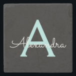 Dessous-de-verre En Pierre Aqua Teal Blue Script Girly Monogram<br><div class="desc">Noir et Aqua Bleu Turquoise Simple Script Monogramme Nom Carrelage en pierre. Cela rend la remise de diplômes parfaite,  doux 16 ans,  mariage,  douche nuptiale,  anniversaire,  baby shower ou cadeau de fête de bachelorette pour quelqu'un qui aime le luxe glam et les styles chic.</div>