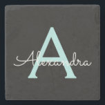 Dessous-de-verre En Pierre Aqua Teal Blue Script Girly Monogram<br><div class="desc">Noir et Aqua Bleu Turquoise Simple Script Monogramme Nom Carrelage en pierre. Cela rend la remise de diplômes parfaite,  doux 16 ans,  mariage,  douche nuptiale,  anniversaire,  baby shower ou cadeau de fête de bachelorette pour quelqu'un qui aime le luxe glam et les styles chic.</div>