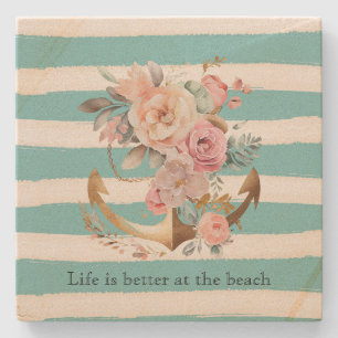 Dessous-de-verre En Pierre Aquarelle Aqua White Beach Stripes