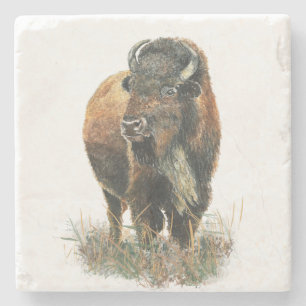 Dessous-de-verre En Pierre Aquarelle Bison Buffle Animal Nature Art
