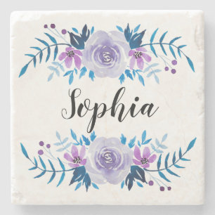 Dessous-de-verre En Pierre Aquarelle bleu violet couronne florale Texte perso