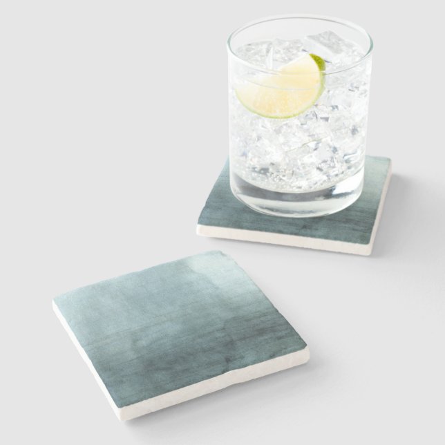 Dessous-de-verre En Pierre Aquarelle bleue moderne Vert Abstrait Minimal (Côté)