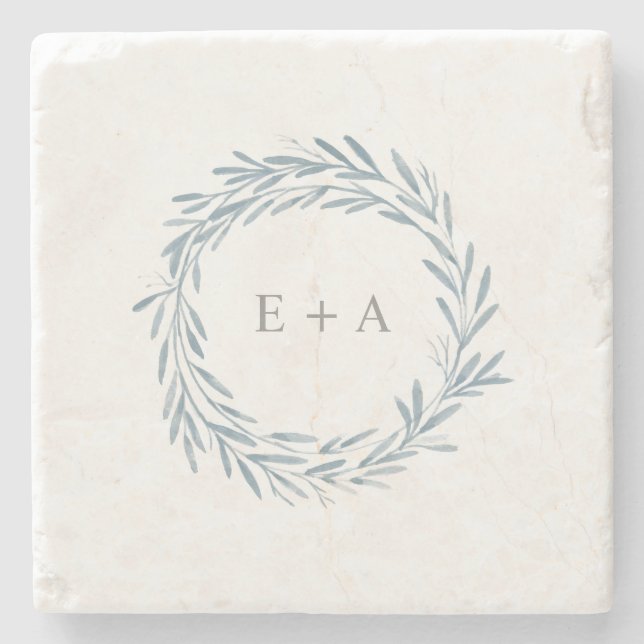 Dessous-de-verre En Pierre Aquarelle bleue Wreath Monogramme Mariage Faveur (Devant)