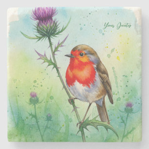 Dessous-de-verre En Pierre Aquarelle botanique de Robin Bird et fleur de char