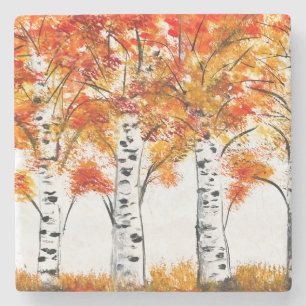 Dessous-de-verre En Pierre Aquarelle Bouleaux Arbres Automne Feuilles oranges