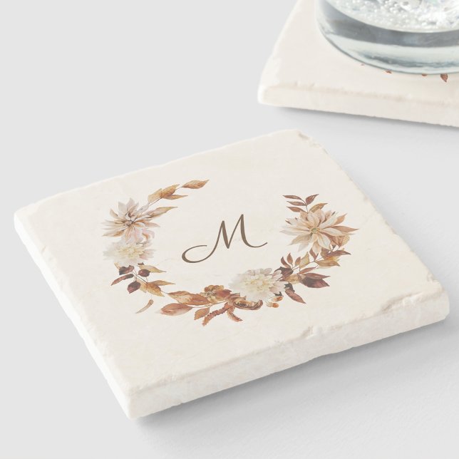 Dessous-de-verre En Pierre Aquarelle Chute Florale Feuille Feuillage Monogram (Watercolor Fall Floral Leaves Foliage Monogram Stone Coaster by Painted Paperie
)