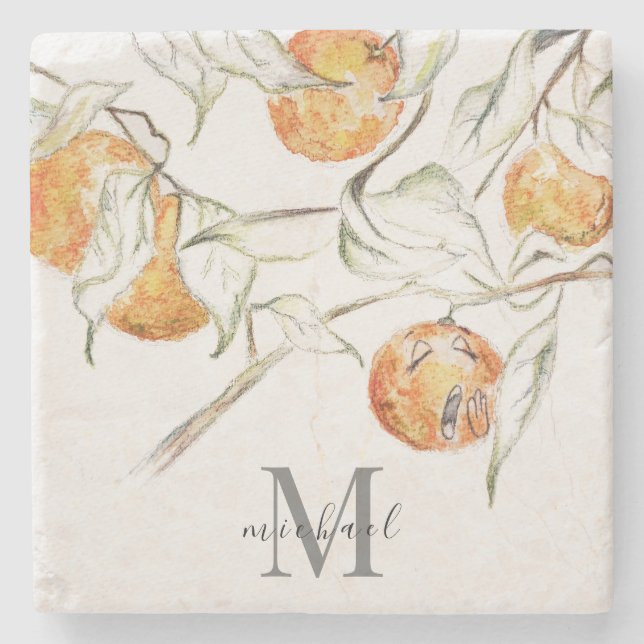 Dessous-de-verre En Pierre Aquarelle Citrus Fruit Clementine Cutie Monogramme (Devant)