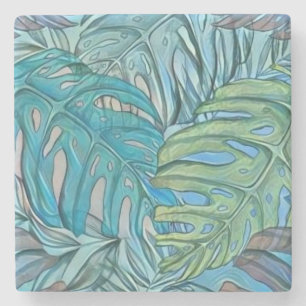 Dessous-de-verre En Pierre Aquarelle couleur bleu vert tropical feuille