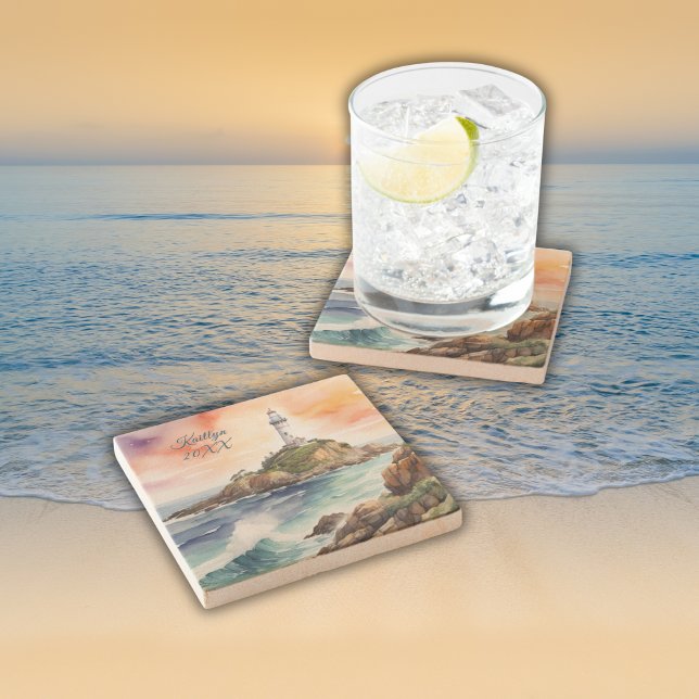 Dessous-de-verre En Pierre Aquarelle croquis Byron Bay Lighthouse Monogramme  (Créateur téléchargé)