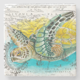 Dessous-de-verre En Pierre Aquarelle de la tortue marine Carte Vintage blanc
