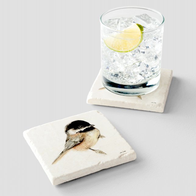 Dessous-de-verre En Pierre Aquarelle de poulet (Chickadee Watercolor Art Stone Coaster from Jenn's Emporium. )
