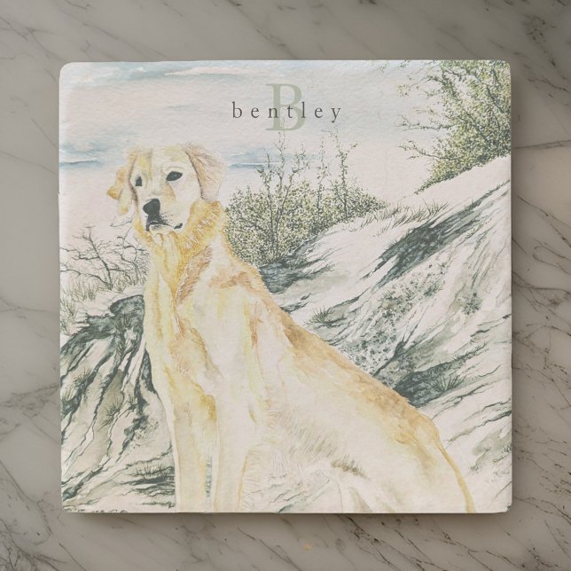 Dessous-de-verre En Pierre Aquarelle Fière Golden Retriever Chien Monogramme (Créateur téléchargé)