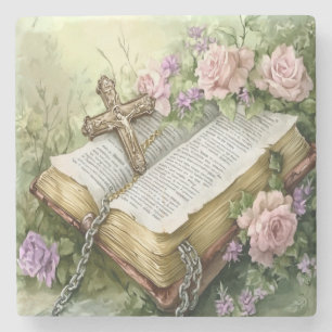 Dessous-de-verre En Pierre Aquarelle Florale Bible Et Croix