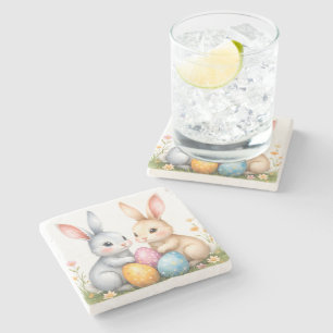 Dessous-de-verre En Pierre Aquarelle mignonne lapins de Pâques heureux Pâques