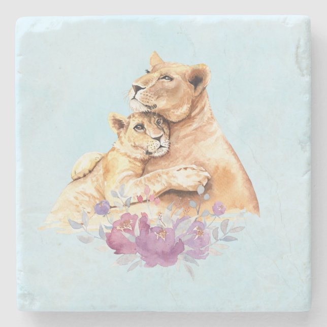 Dessous-de-verre En Pierre Aquarelle mignonne Mère Lion & Cub (Devant)