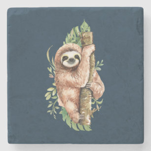 Dessous-de-verre En Pierre Aquarelle mignonne Sloth & Feuilles tropicaux