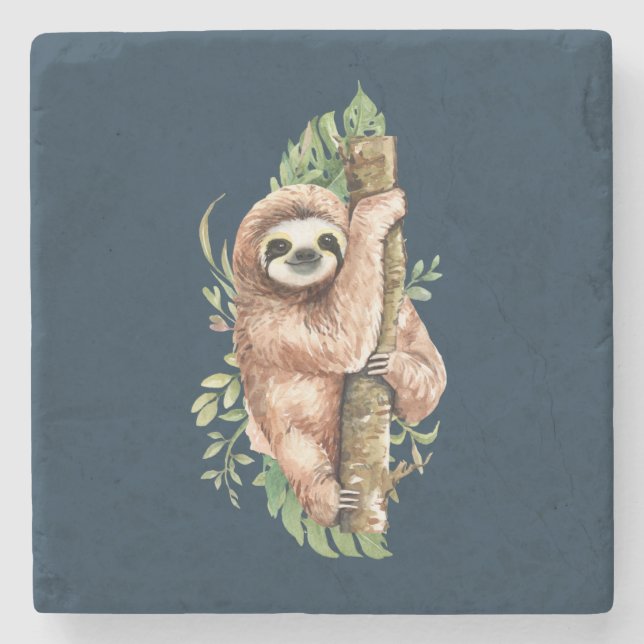 Dessous-de-verre En Pierre Aquarelle mignonne Sloth & Feuilles tropicaux (Devant)
