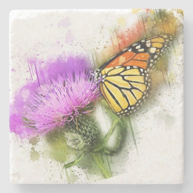 Dessous-de-verre En Pierre Aquarelle Monarch Papillon et Fleur sauvage (Devant)