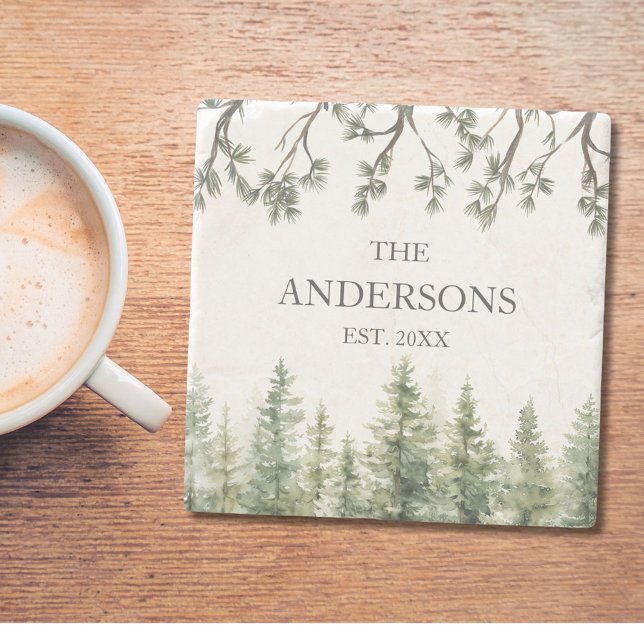 Dessous-de-verre En Pierre Aquarelle Monogramme Pins rustiques et branches (In situ)