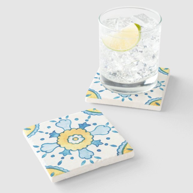 Dessous-de-verre En Pierre Aquarelle Motif bleu et jaune carreaux marocains (Côté)