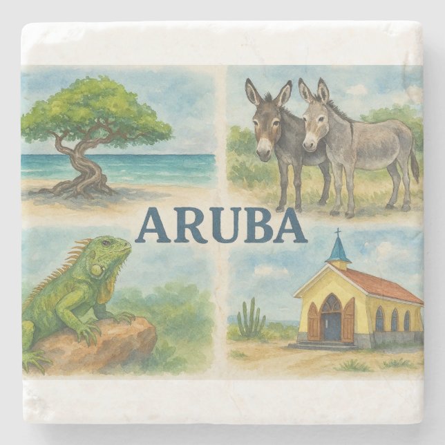 Dessous-de-verre En Pierre Aquarelle multivue d'Aruba (Devant)